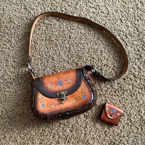 Genuine Vintage 1970’s Tooled Leather Purse & Matching Coin Purse, Boho, Hippie